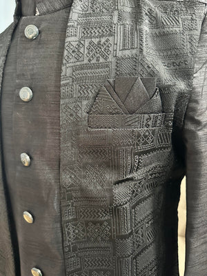 3 Piece Charcoal Black Kurta Pajama with Long Jacket Set, Cotton Silk, Father & Son's Outfit, DM - 1142