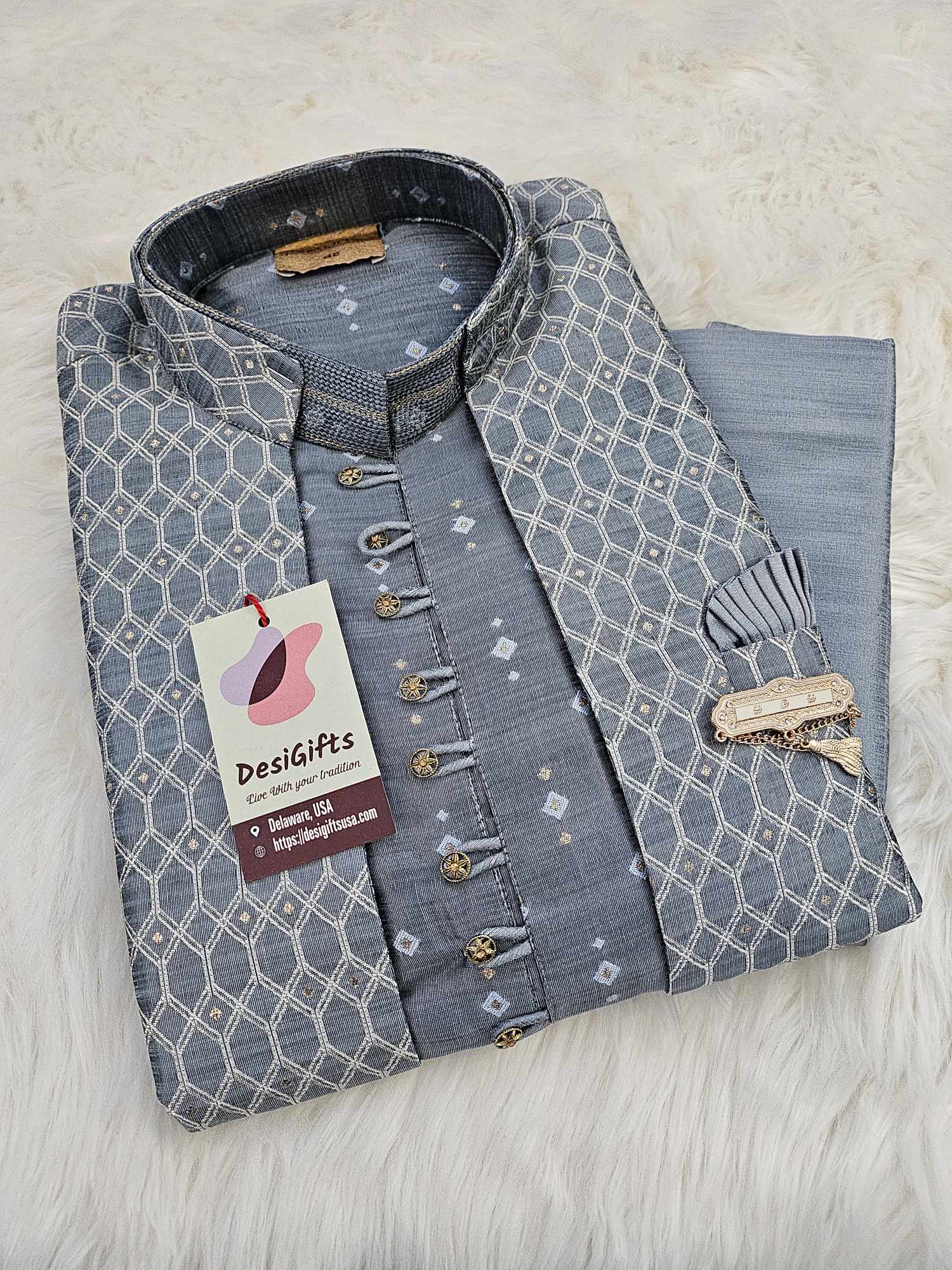 Size 44, Stone Gray Shade Luxurious 3 Piece Kurta Pajama with Long Jacket-Cotton Silk Design MAN# 1143