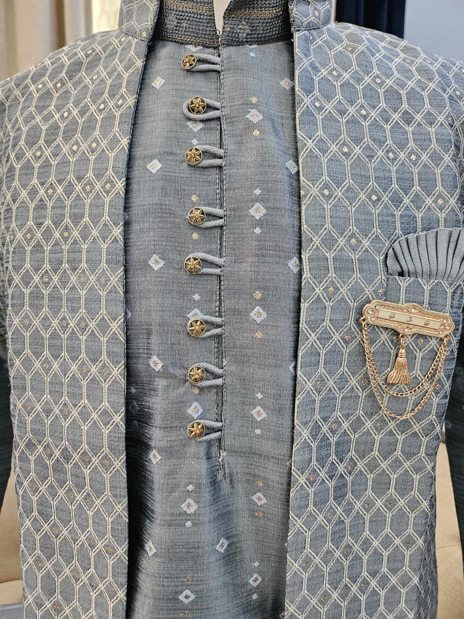 Stone Gray Shade Luxurious 3 Piece Kurta Pajama with Long Jacket-Cotton Silk Design MAN# 1143