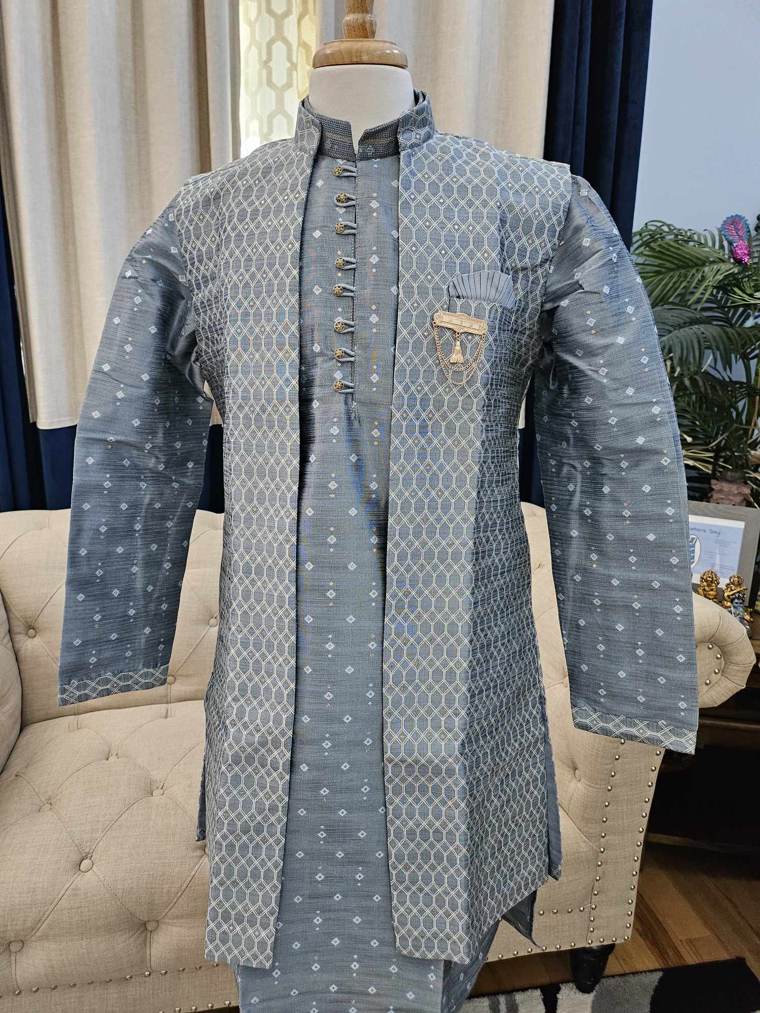 Size 44, Stone Gray Shade Luxurious 3 Piece Kurta Pajama with Long Jacket-Cotton Silk Design MAN# 1143