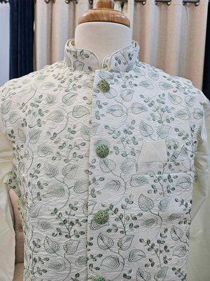 Elegant 3 Piece Cream Kurta Pajama with Jacket Set, Cotton Silk, Father & Son's Option, DM - 1145