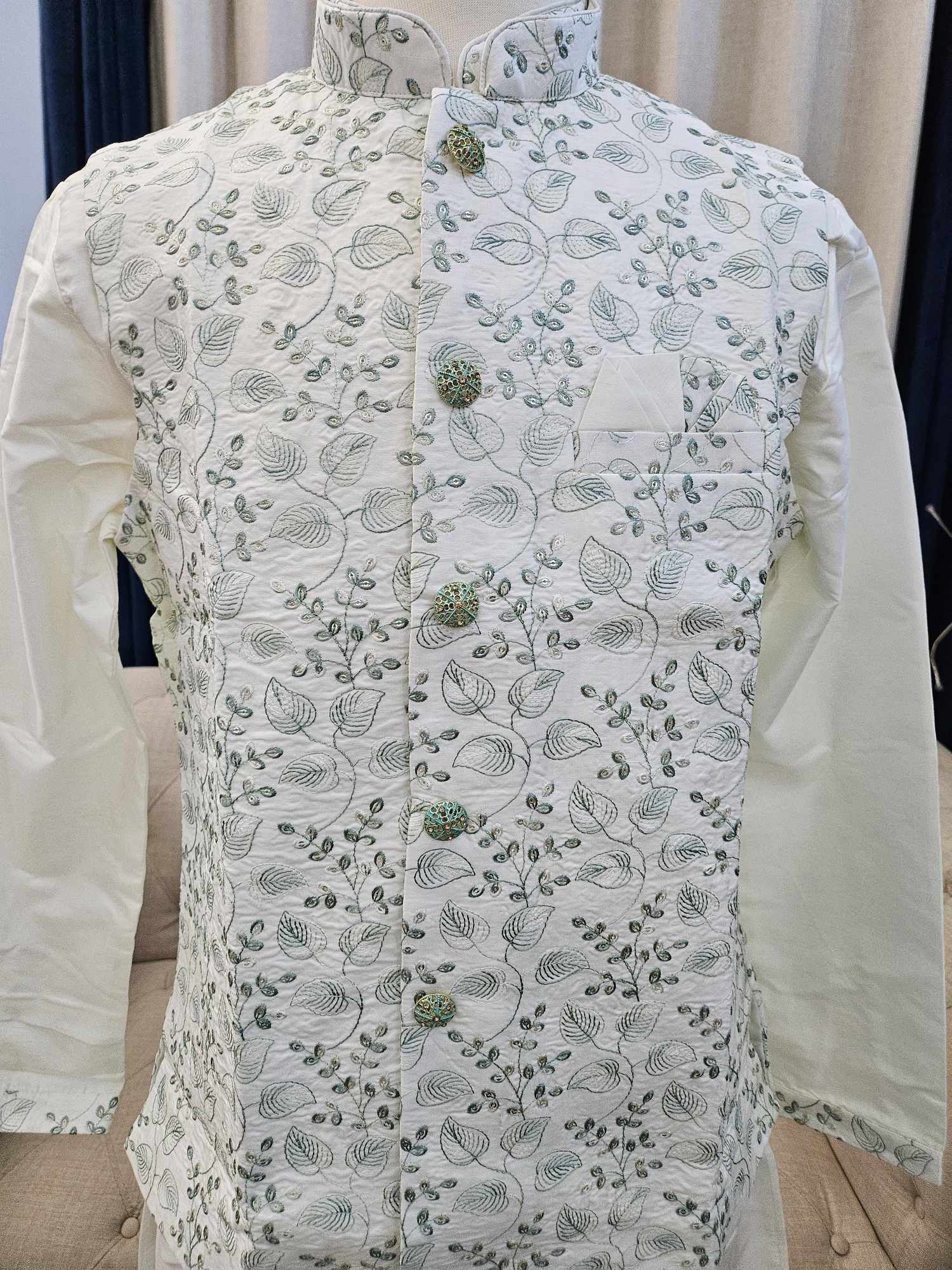 Size 36, Elegant 3 Piece Cream Kurta Pajama with Jacket Set, Cotton Silk, DM - 1145
