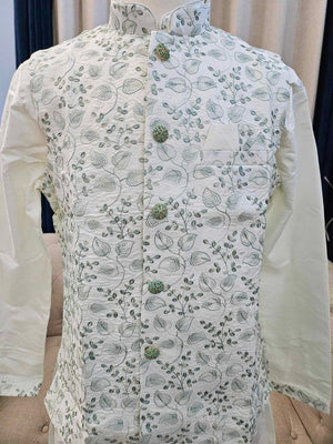 Elegant 3 Piece Cream Kurta Pajama with Jacket Set, Cotton Silk, Father & Son's Option, DM - 1145