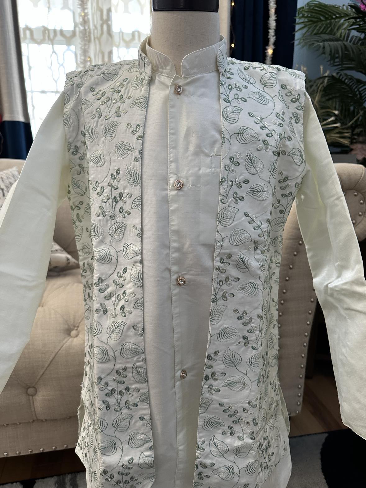 Size 36, Elegant 3 Piece Cream Kurta Pajama with Jacket Set, Cotton Silk, DM - 1145