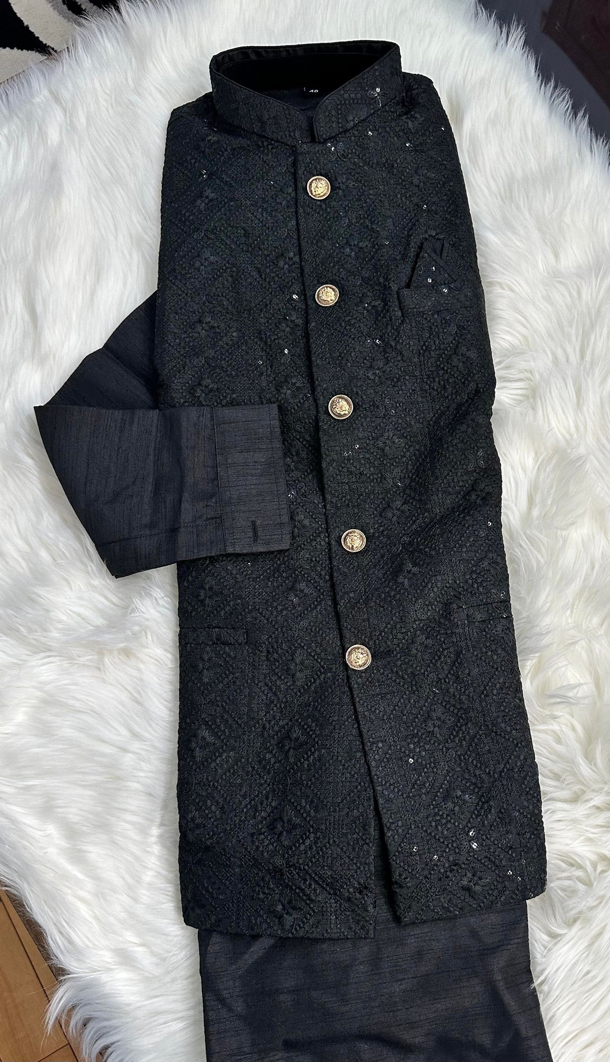 Classic Jet Black 3 Piece Kurta Pajama, Pant Style, with Stylish Embroidered Jacket Set-Silk Design TPKP- 1146