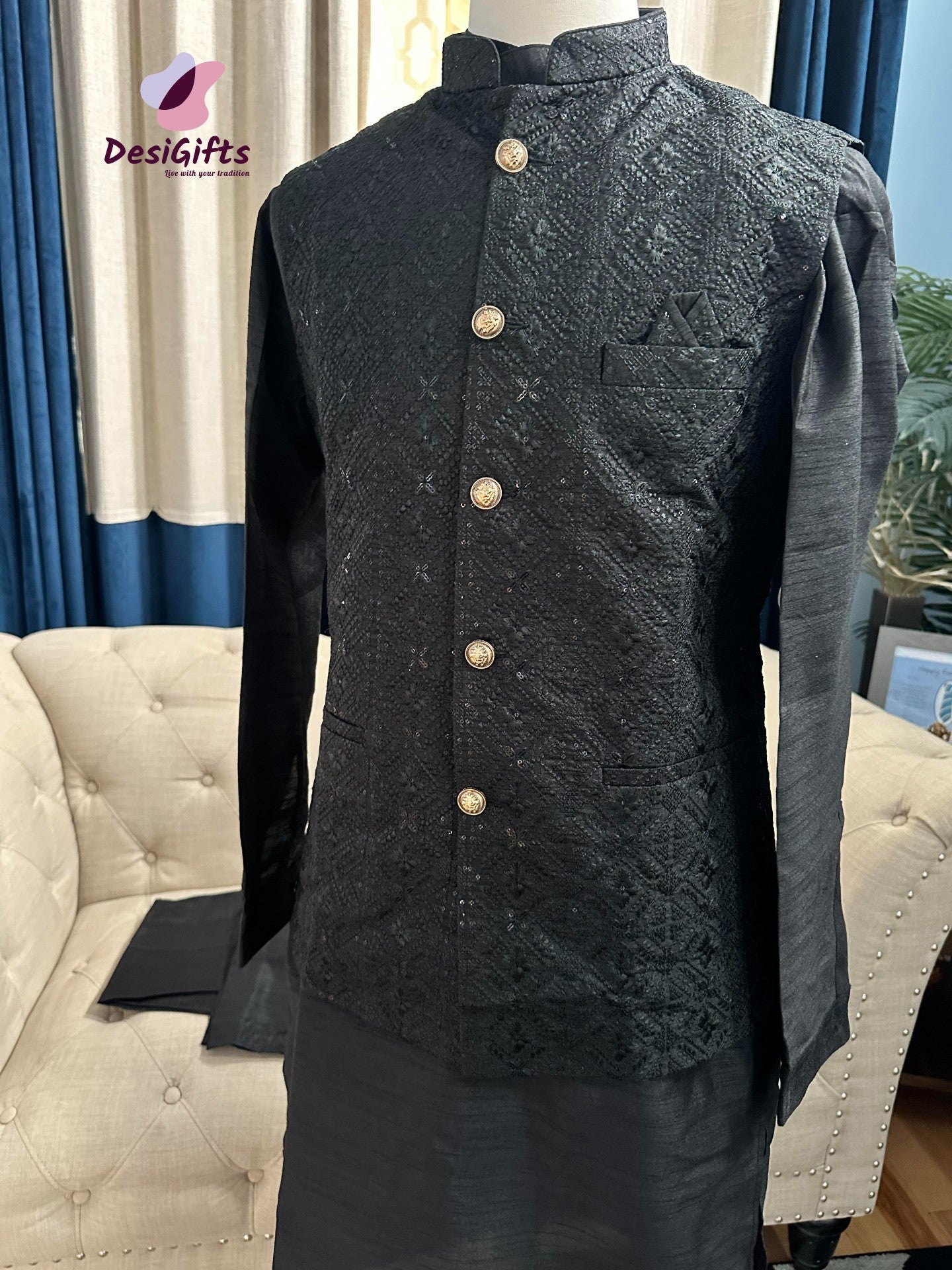 Size 48, Classic Jet Black 3 Piece Kurta Pajama, Pant Style, with Stylish Embroidered Jacket Set-Silk Design TPKP- 1146