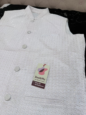 Men’s White Embroidered Jacket with Sequins – Premium Ethnic Waistcoat Sadri, J-2084