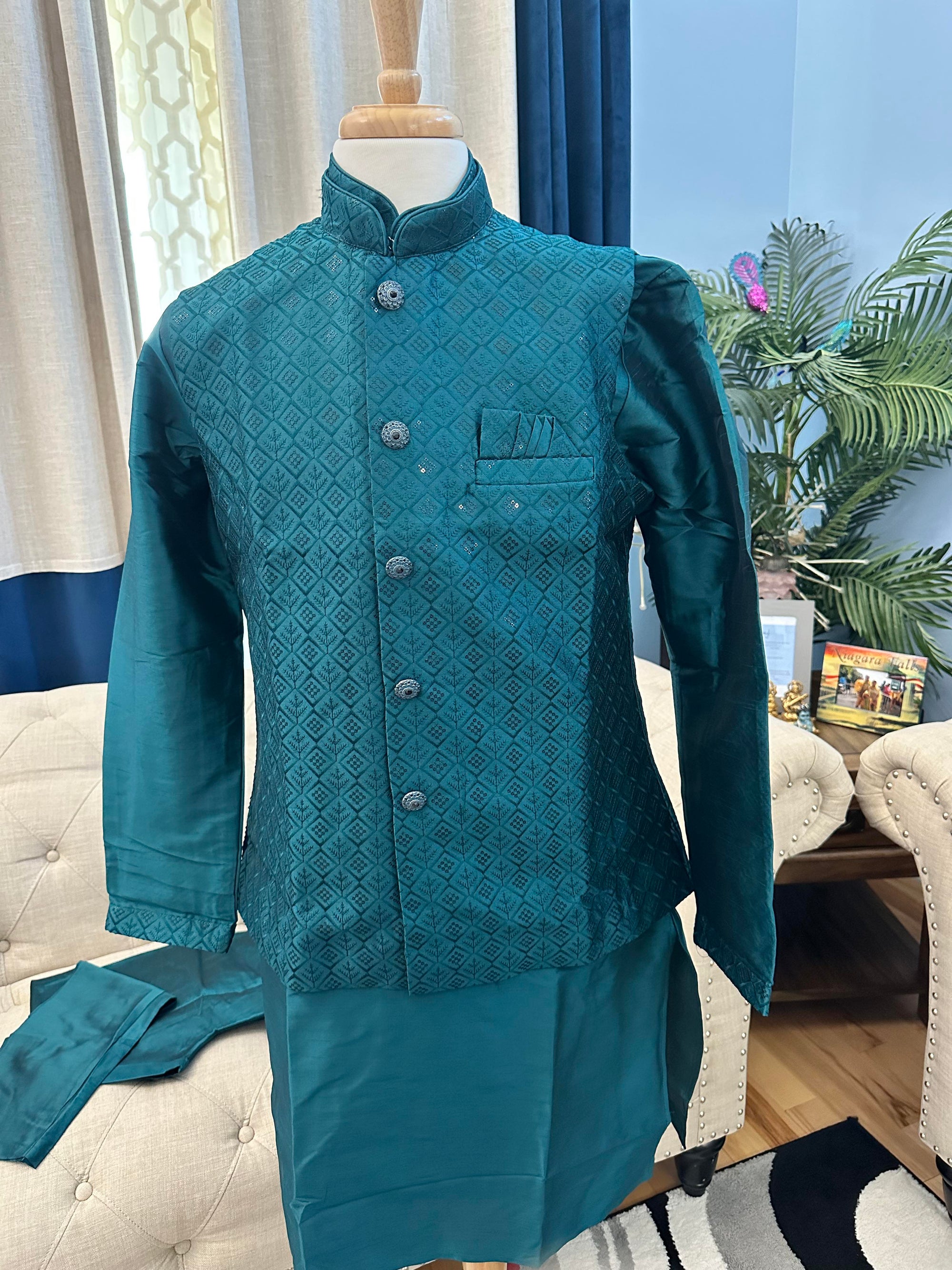 3 Piece Rama Green/Teal Kurta Pajama with Jacket Set with Sequins, Cotton Silk, Father & Son's Option, DM - 1147