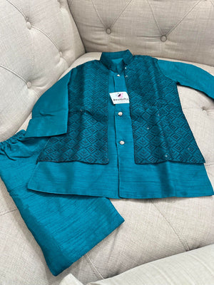 Rama Green/Teal Kurta Pajama with Jacket Set with Sequin, Boy kurta pajama, DM - 1147b