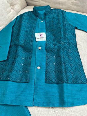 Rama Green/Teal Kurta Pajama with Jacket Set with Sequin, Boy kurta pajama, DM - 1147b
