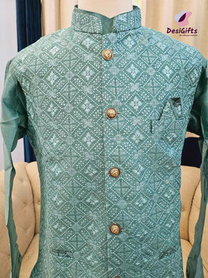 Bright Sapphire Teal Shade 3 Piece Kurta Pajama, Pant Style, with Embroidered Jacket Set-Silk Design TPKP- 1148