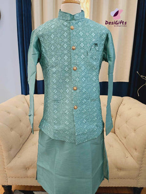 Bright Sapphire Teal Shade 3 Piece Kurta Pajama, Pant Style, with Embroidered Jacket Set-Silk Design TPKP- 1148
