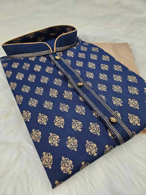 Navy Shade 2 Piece Soft Cotton Silk Kurta Pajama Set with Golden Work, Man -1150