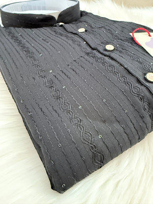 Men’s Black Sequins Embroidered Kurta Pajama Set – Indian Wedding & Partywear Traditional 2PC Outfit, Size 58 , 5XL, KP-2023