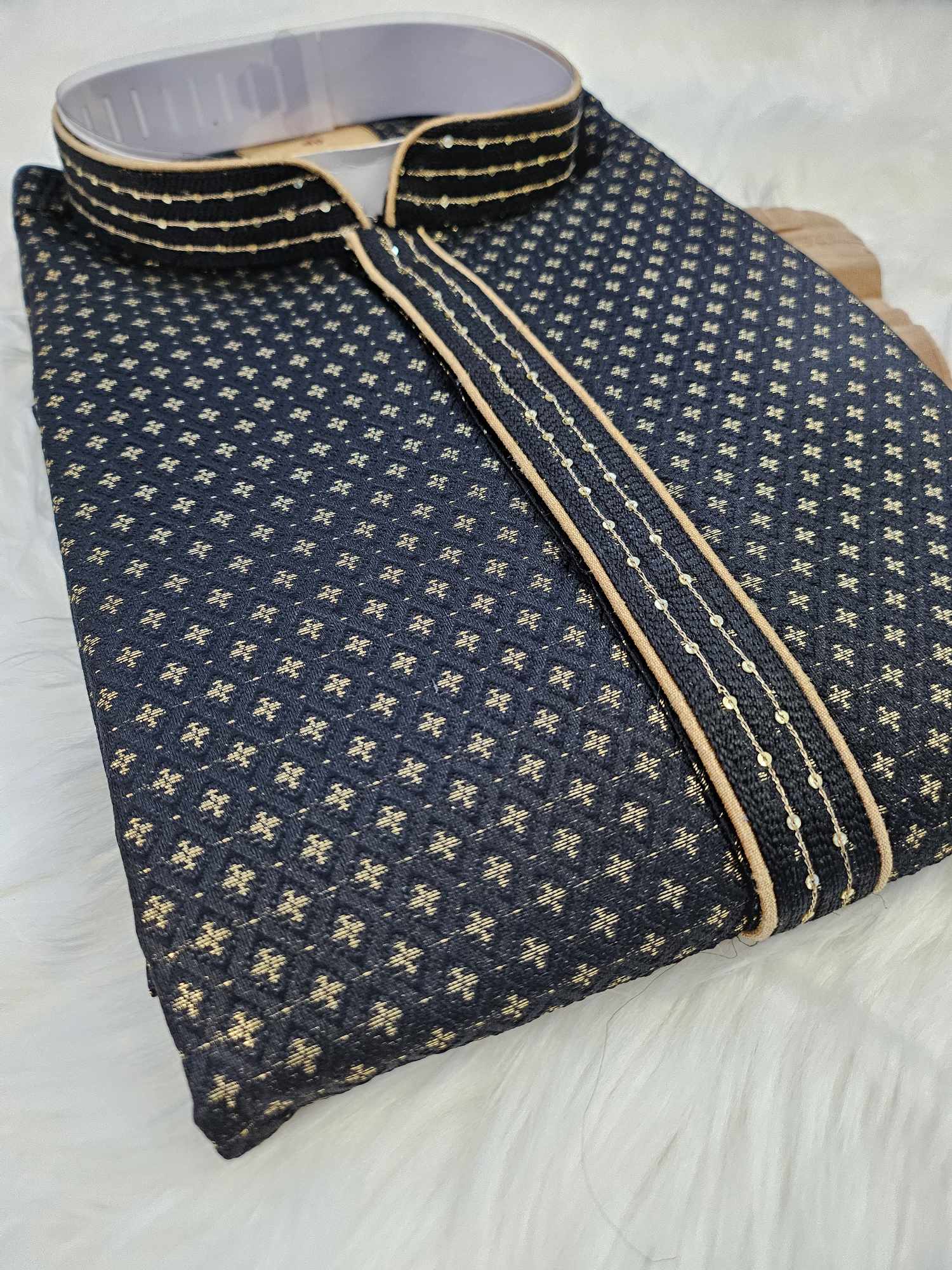 Size 46, Black Shade 2 Piece Silk Kurta Pajama Set with Golden Work, Man -1152