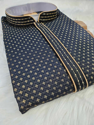 Black Shade 2 Piece Silk Kurta Pajama Set with Golden Work, Man -1152