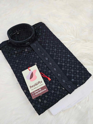 Sequins work Boy's Black Embroidered Kurta Pajama Set- BOY-1155