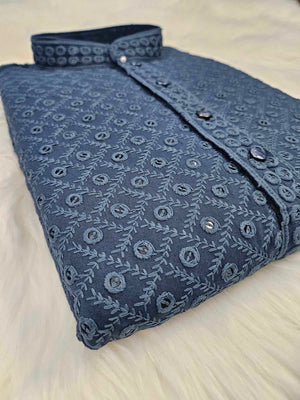 Gray Sequins Work Chikankari 2 Piece Kurta Pajama Set for Man, KP - 1163