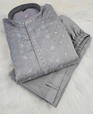 Gray or Banana Cream Shade Embroidered with Sequins Work Partywear 2 Piece Kurta Pajama Set for Man, KP - 1168