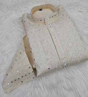 Gray or Banana Cream Shade Embroidered with Sequins Work Partywear 2 Piece Kurta Pajama Set for Man, KP - 1168