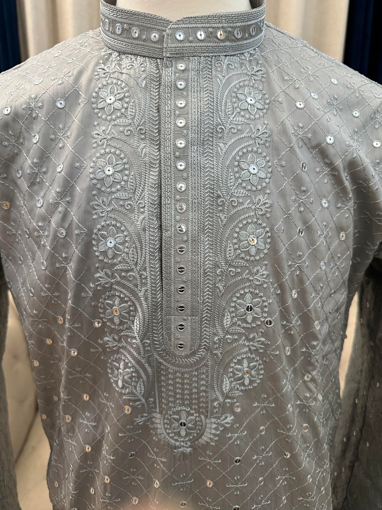Size 40, Gray Shade Embroidered with Sequins Work Partywear 2 Piece Kurta Pajama Set for Man, KP - 1168