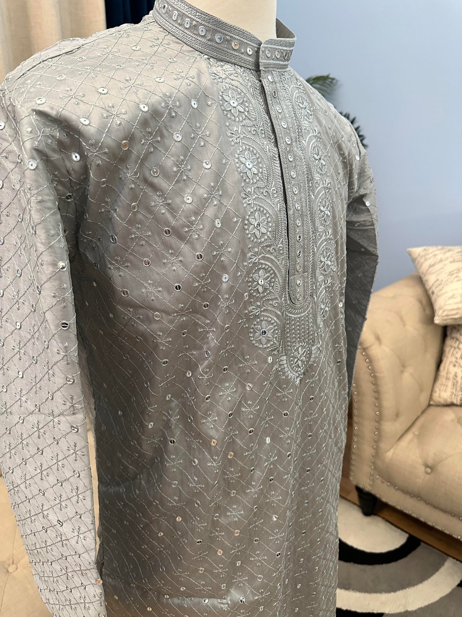 Size 40, Gray Shade Embroidered with Sequins Work Partywear 2 Piece Kurta Pajama Set for Man, KP - 1168