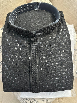 Black Shade Sequins Work Chikankari 2 Piece Kurta Pajama Set for Man, KP - 1176