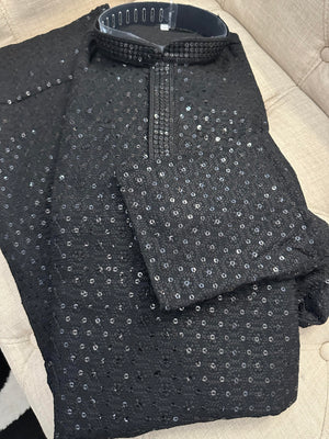 Black Shade Sequins Work Chikankari 2 Piece Kurta Pajama Set for Man, KP - 1176