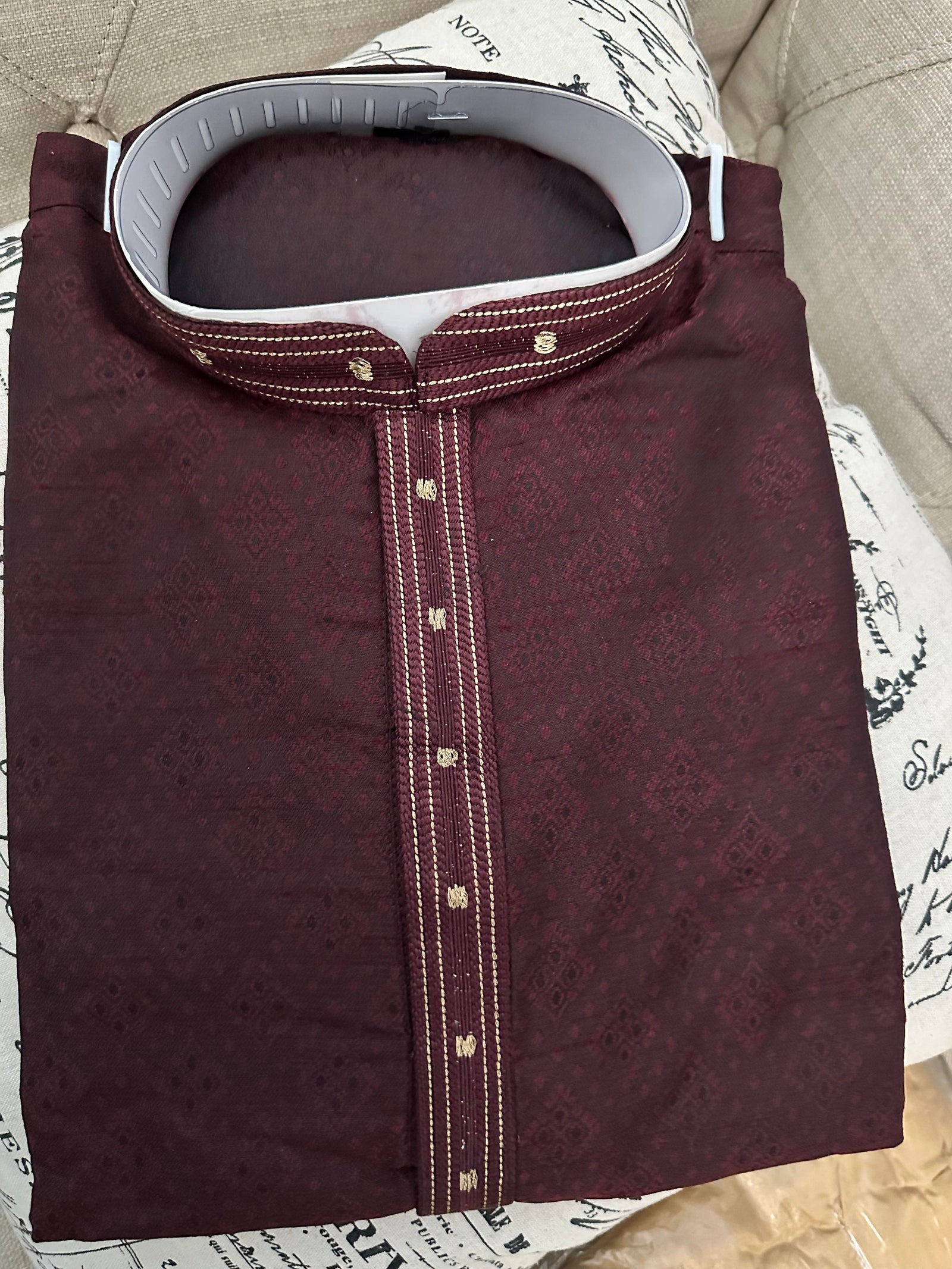 Plum Shade 2 Piece Cotton Silk Kurta Pajama Set with Self Work, Man -1177