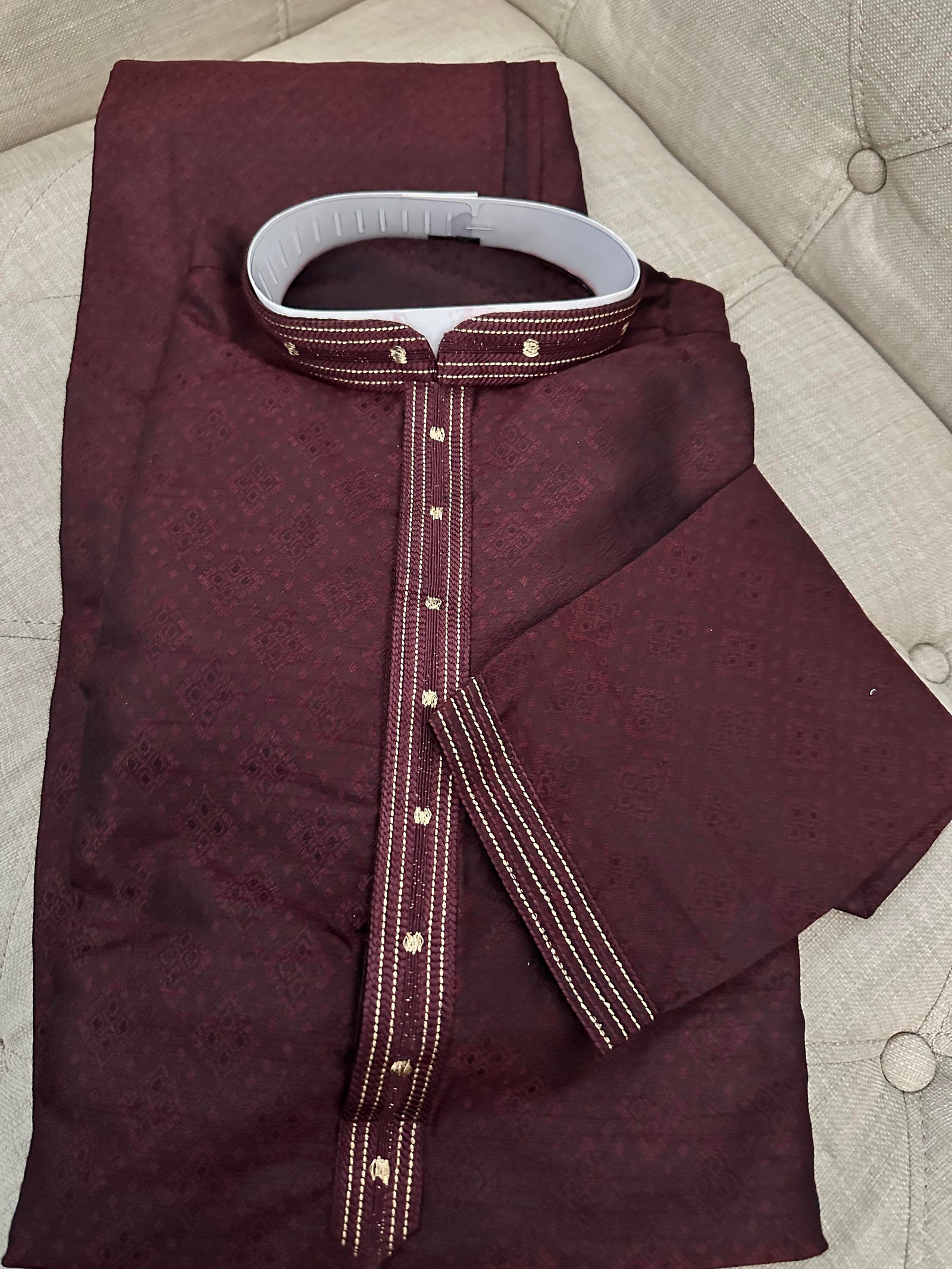 Plum Shade 2 Piece Cotton Silk Kurta Pajama Set with Self Work, Man -1177