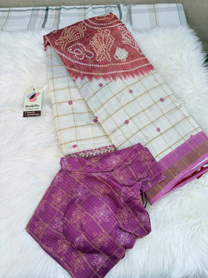 Linen Silk Blend Saree with Bandhani Style Print & Embellished Border, Indian Wedding Festive Saree with Stitched Blouse, S- 3093