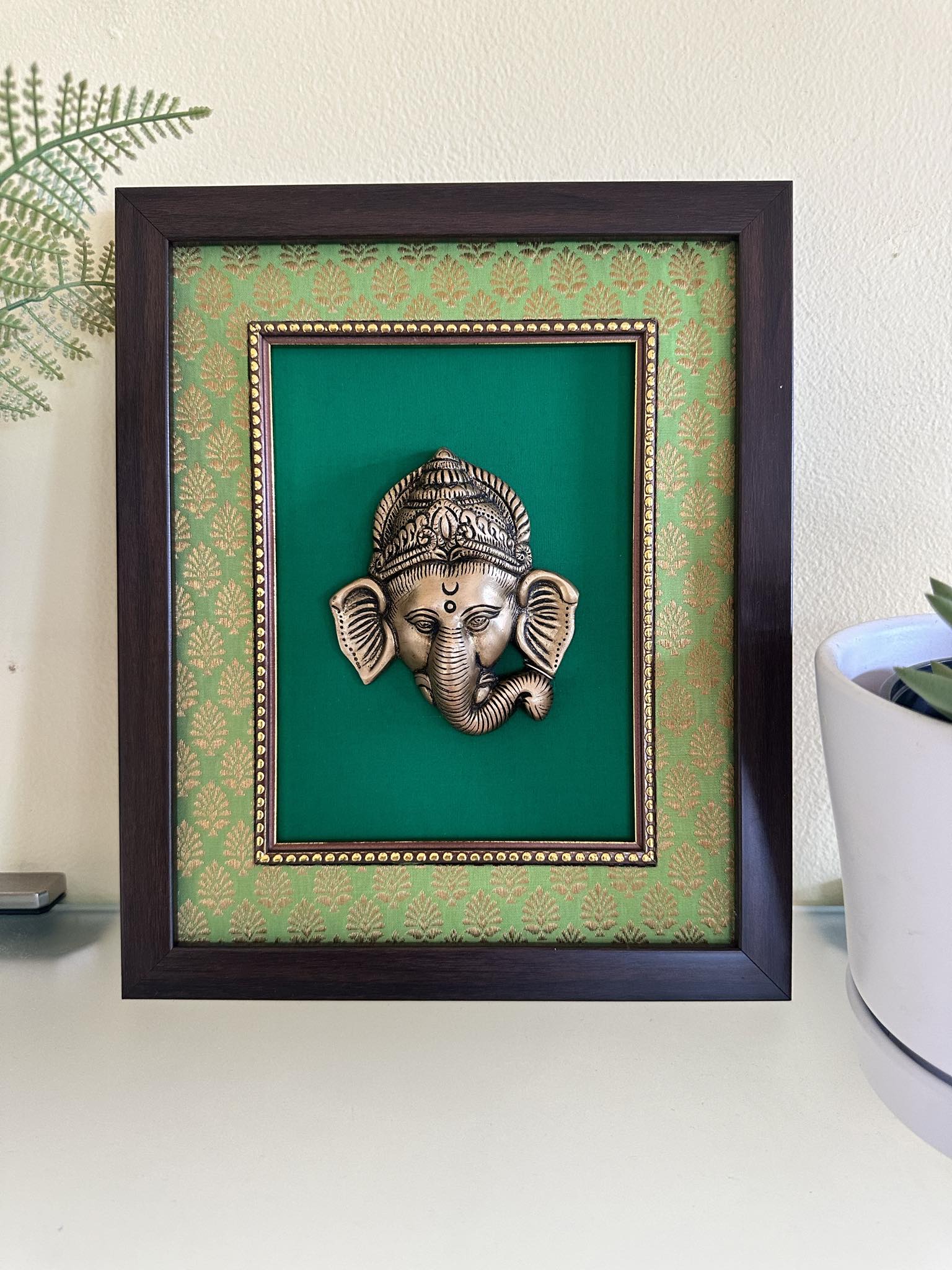 11.5" Handcrafted Ganesh Brass Hanging on Silk Frame with 3D Effect, BFD- 1183