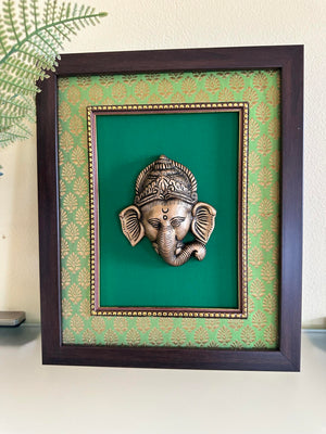 11.5" Handcrafted Ganesh Brass Hanging on Silk Frame with 3D Effect, BFD- 1183