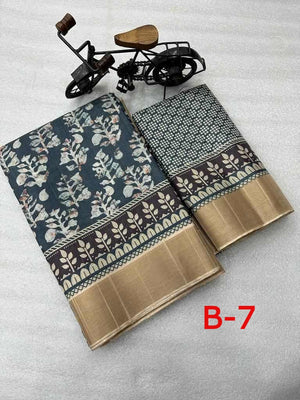 Mooga Silk Saree with Slub Pattern Digital Print and Zari Border, with Stitched Blouse, Fall & Peeco, Casual Formal Sari, Design SARI - 1191