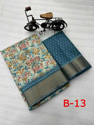 Mooga Silk Saree with Slub Pattern Digital Print and Zari Border, with Stitched Blouse, Fall & Peeco, Casual Formal Sari, Design SARI - 1192