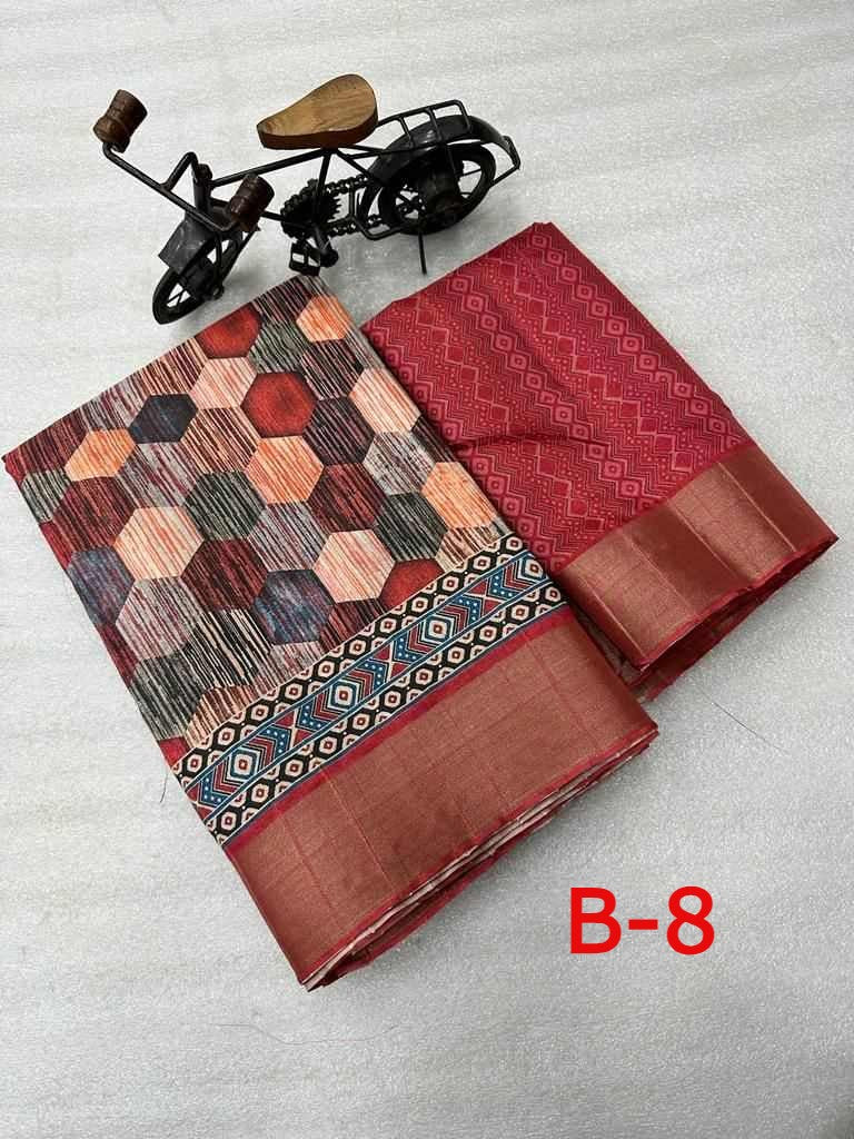 Mooga Silk Saree with Slub Pattern Digital Print and Zari Border, with Stitched Blouse, Fall & Peeco, Casual Formal Sari, Design SARI - 1192