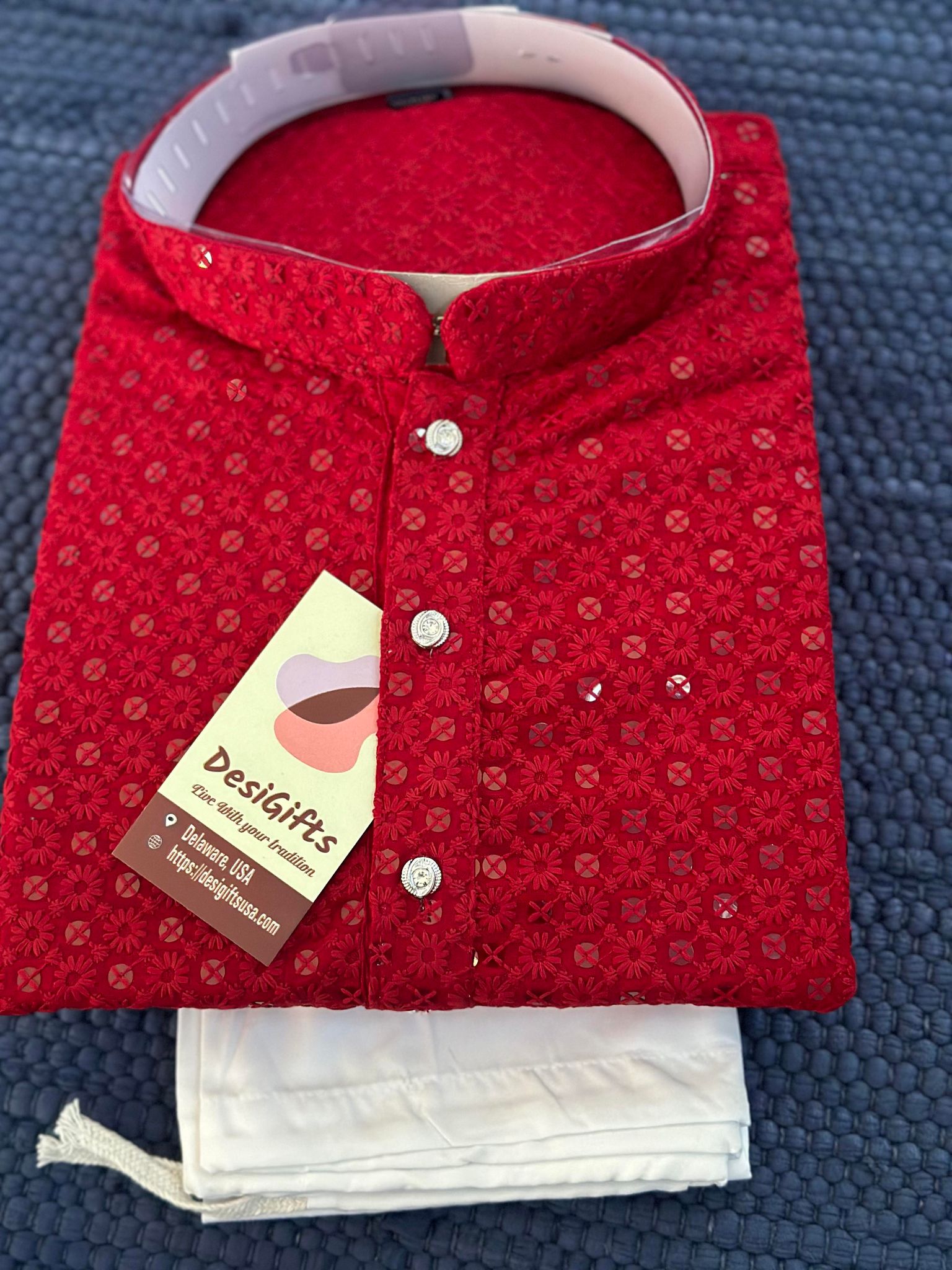 Size 38, Red Chikankari Rayon with Sequins Work 2 Piece Kurta Pajama Set for Man, KP - 1234