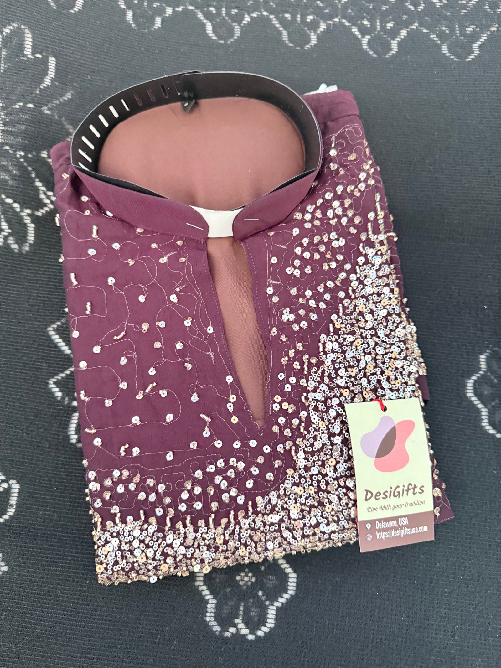 Men’s Wine Sequin Embellished Shorter Length Kurta with Parallel Pants | Indo-Western Wedding & Festive Kurta Pajama Set, KP - 4042