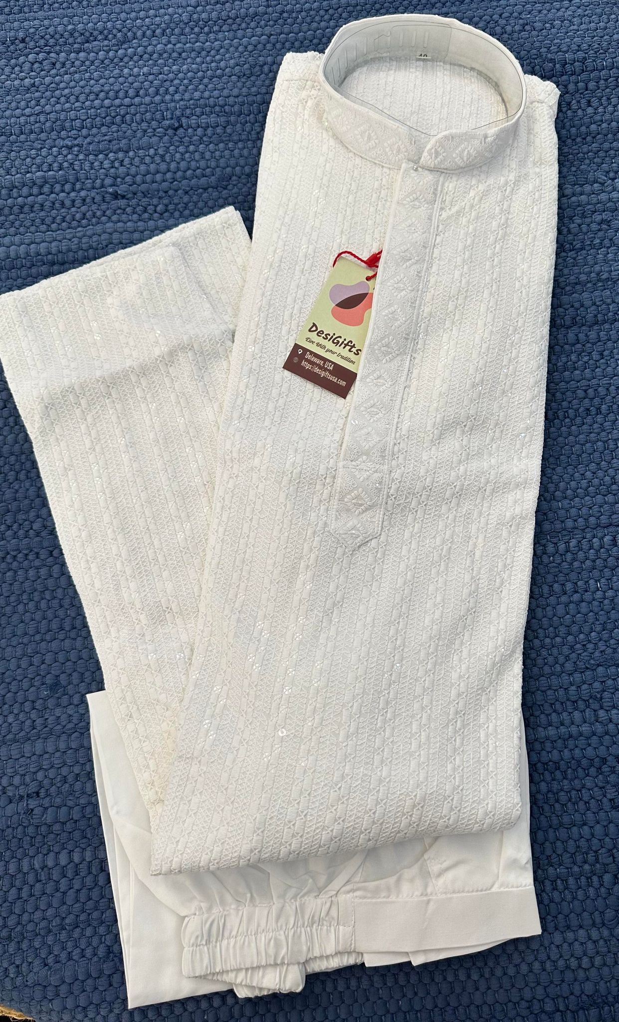 Size 46, Pure White Chikankari in full 2 Piece Kurta Pajama Set for Man, Embroidered Partywear, KP - 1212