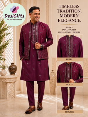 Men’s Wine Embroidered Kurta Pajama Set with Jacket, 3-Piece Indian Ethnic Outfit, Festive Wedding Wear, KPS - 3007
