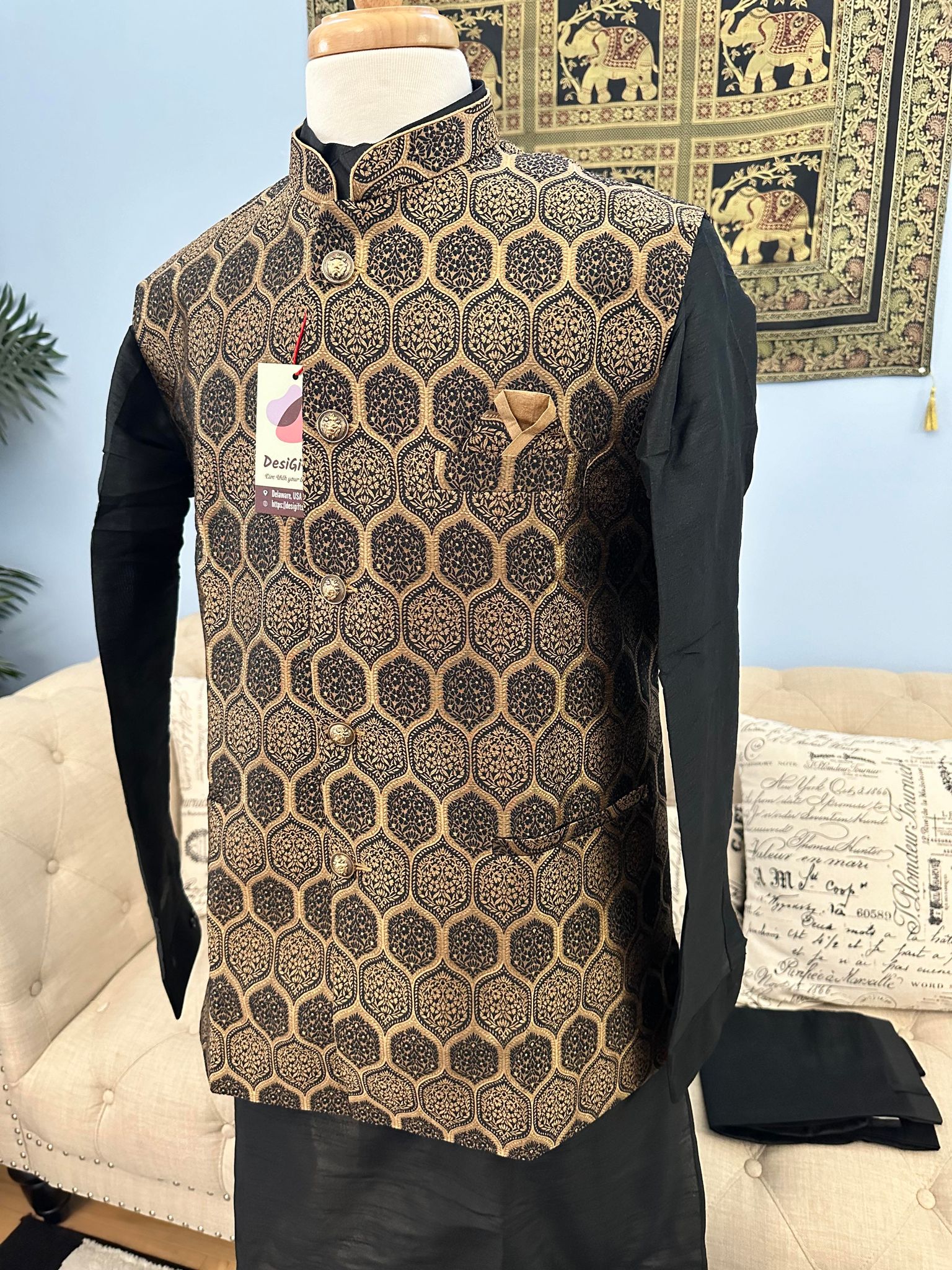 Luxurious Golden Black 3 Piece Kurta Pajama Jacket, Pant Style, with Stylish Jacket Set-Silk Design TPKP- 1241