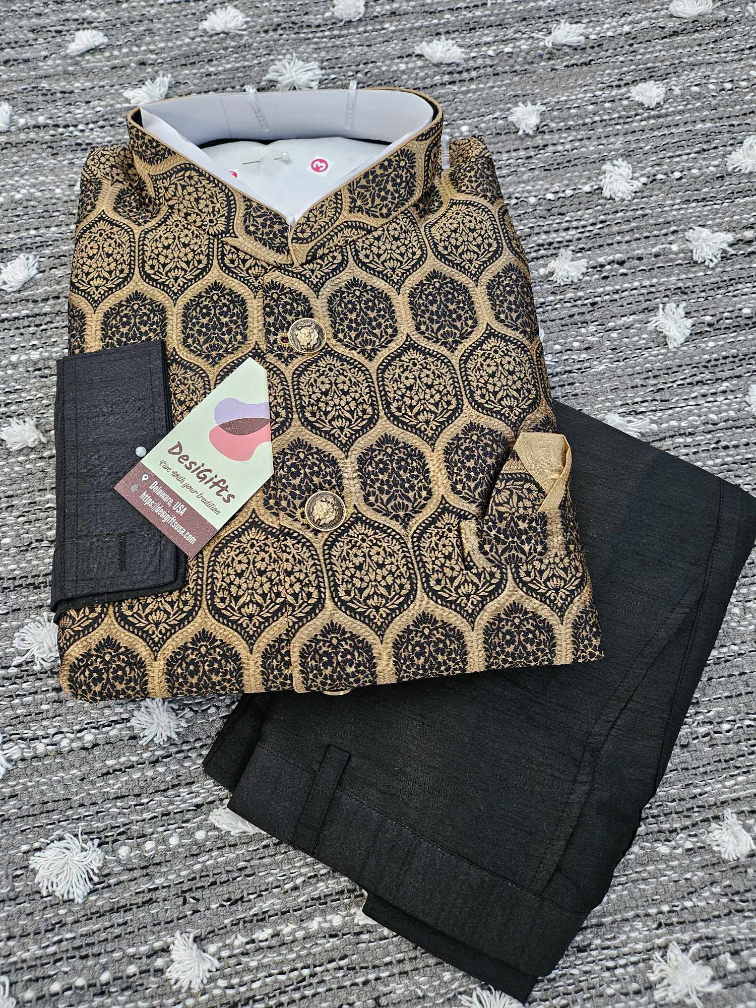 Luxurious Golden Black 3 Piece Kurta Pajama Jacket, Pant Style, with Stylish Jacket Set-Silk Design TPKP- 1241