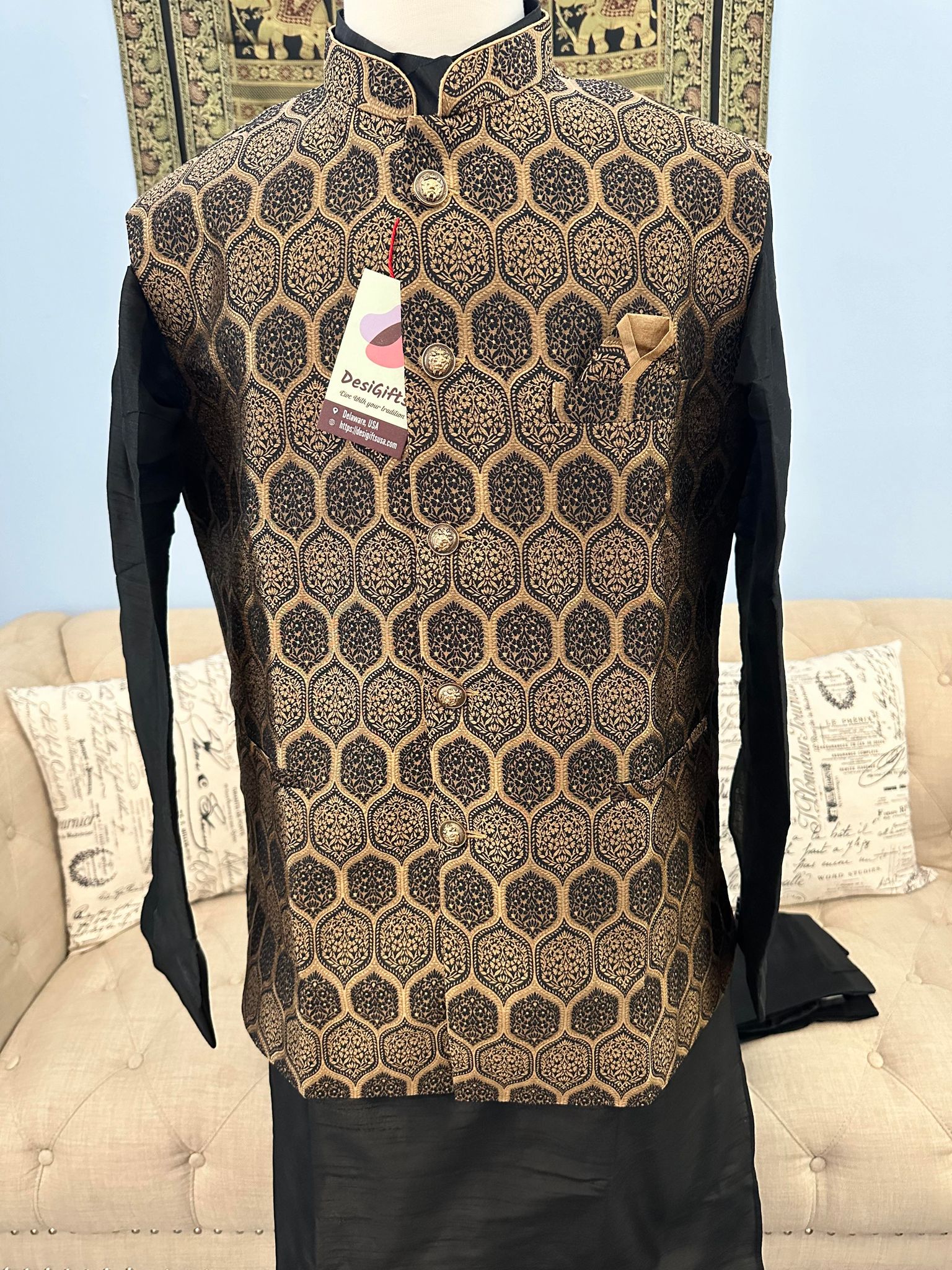 Luxurious Golden Black 3 Piece Kurta Pajama Jacket, Pant Style, with Stylish Jacket Set-Silk Design TPKP- 1241
