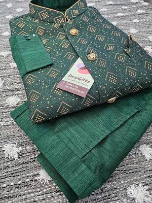 Opulent Green 3 Piece Kurta Pajama Jacket, Pant Style, with Stylish Jacket Set-Silk Design, KPJ-1242