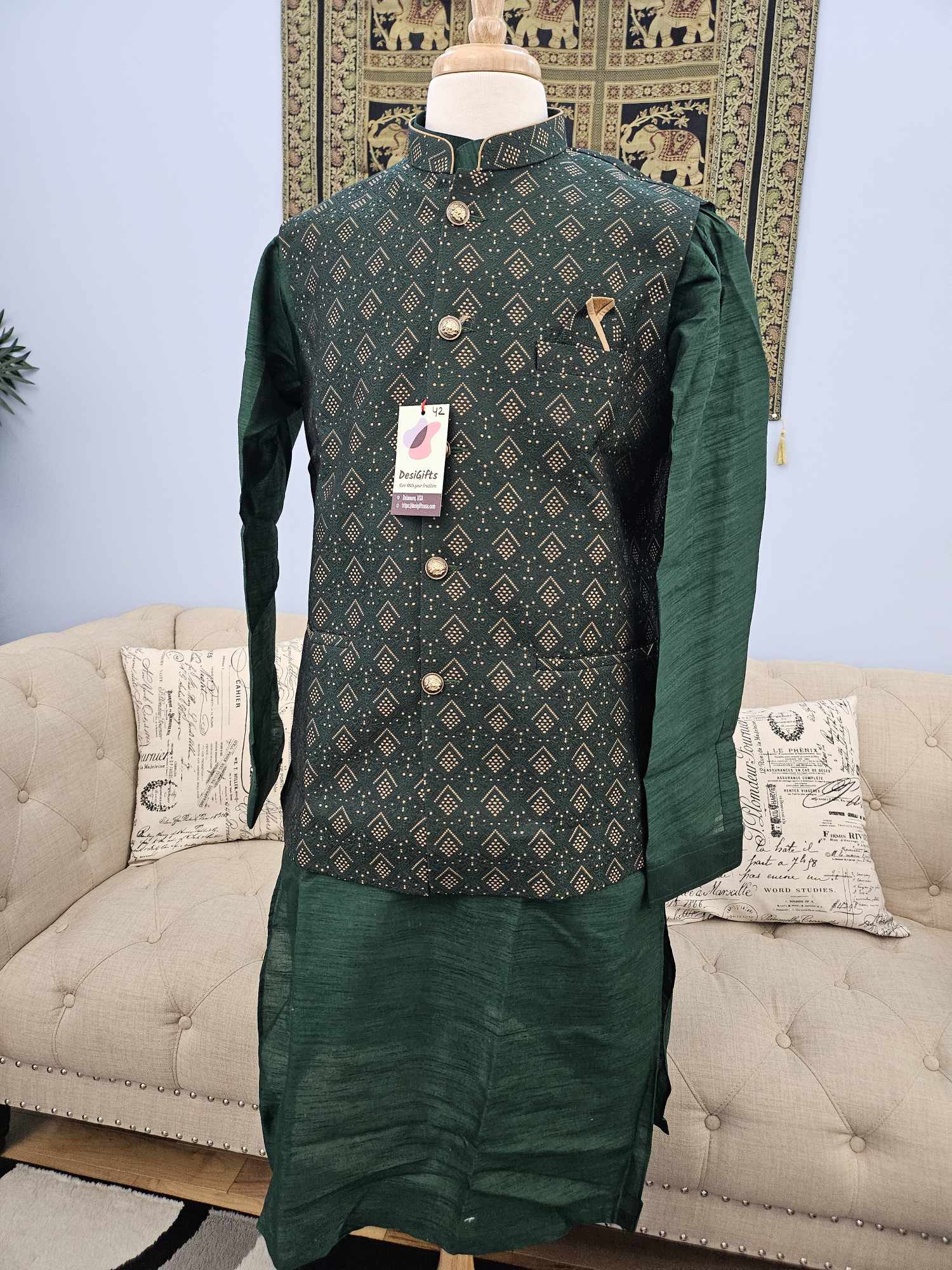 Opulent Green 3 Piece Kurta Pajama Jacket, Pant Style, with Stylish Jacket Set-Silk Design, KPJ-1242