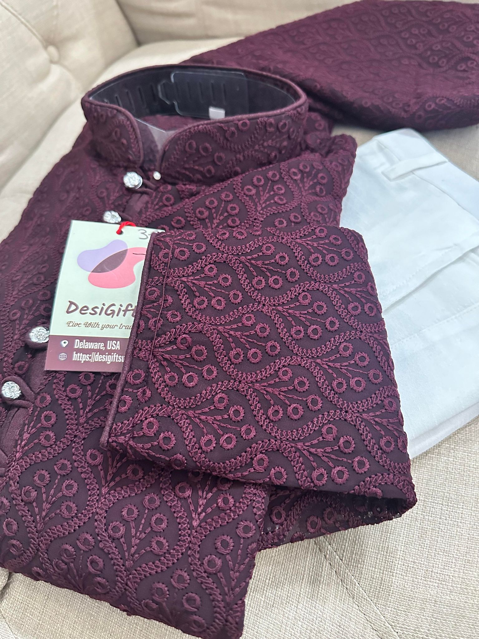 Size 38, Impressive Wine Shade Chikankari Embroidered Georgette 2 Piece Kurta Pajama Set, Indian Party Wear Kurat, KP-1249