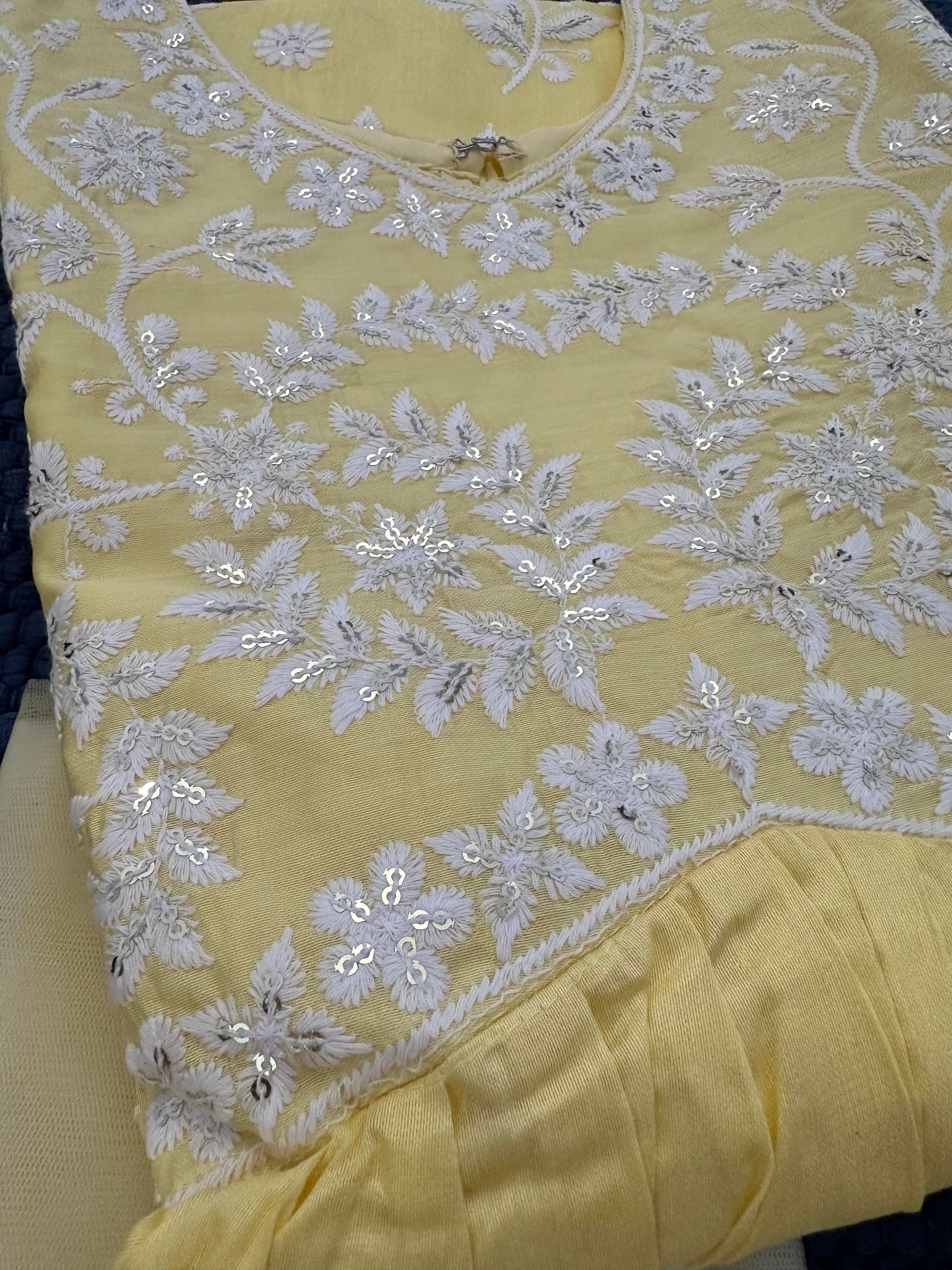 Cotton Chikankari Embroidery  Yellow 3 Piece Stylish Set with Sequence work for Girls, Design G- 1255