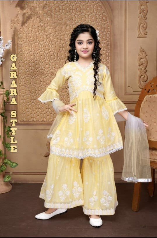 Cotton Chikankari Embroidery  Yellow 3 Piece Stylish Set with Sequence work for Girls, Design G- 1255