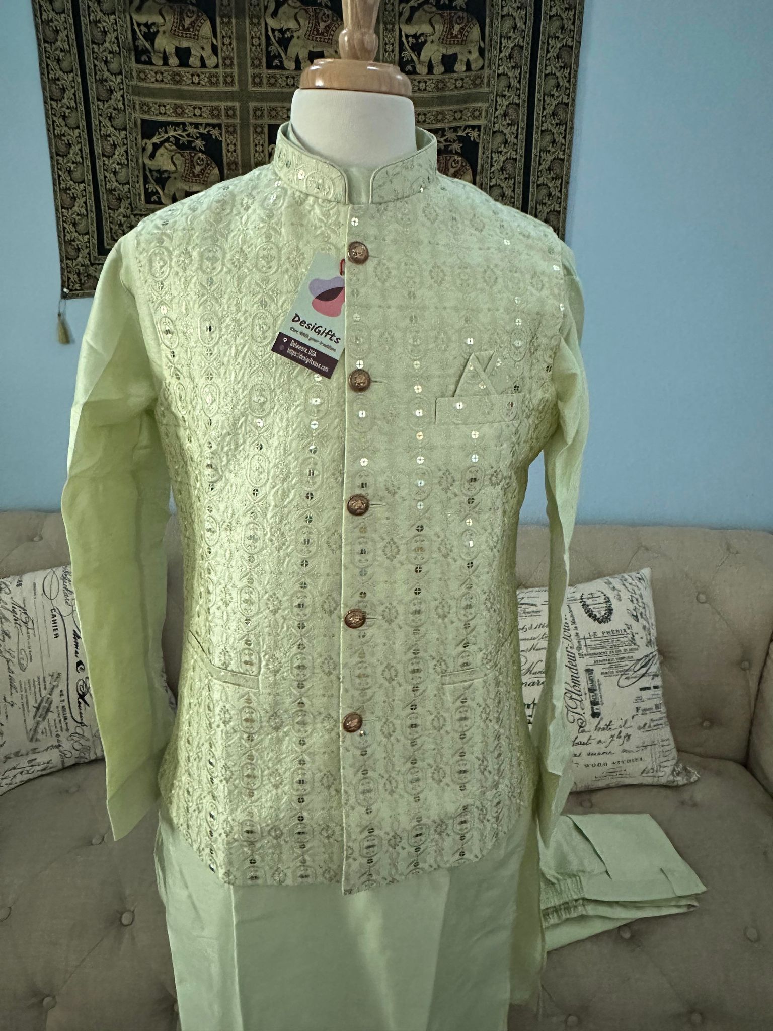 Pista Green 3 Piece Kurta Pajama Jacket, Pant Style, with Stylish Jacket Set-Silk Design, KPJ-1260