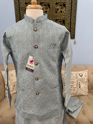 Everlasting Gray 3 Piece Kurta Pajama Jacket, Pant Style, with Stylish Jacket Set-Silk Design, KPJ-1261